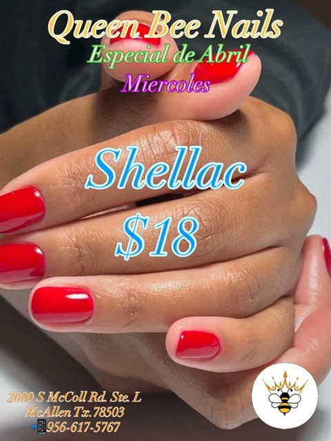 Close-up of red glossy shellac nails with Queen Bee Nails promotion for April special at $18