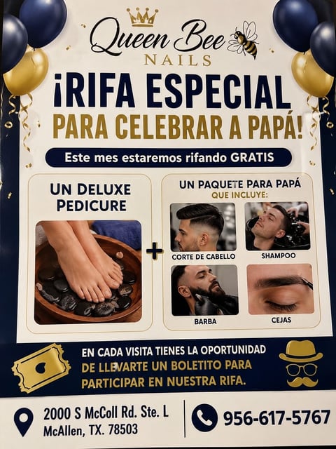 Queen Bee Nails promotional flyer offering free deluxe pedicure and mens grooming package this month to celebrate Fathers Day
